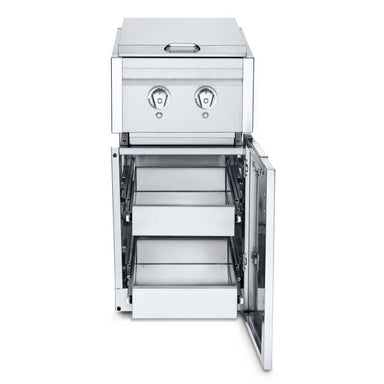 Crown Verity, Infinite Series, Cabinet Module, Dual Side Burner, 2 drawers, door open, front view