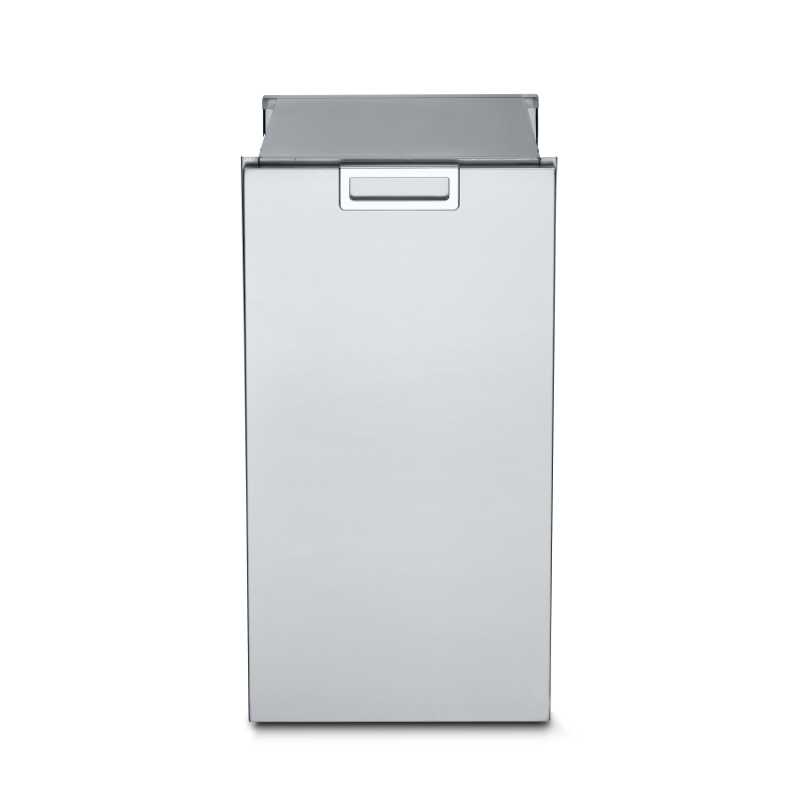 Crown Verity, Infinite Series, Cabinet Module, single drawer and garbage bin holder, door closed, front view, stainless steel