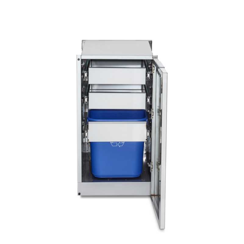 Crown Verity, Infinite Series, Cabinet Module, 2 drawers and garbage bin holder, door open, front view