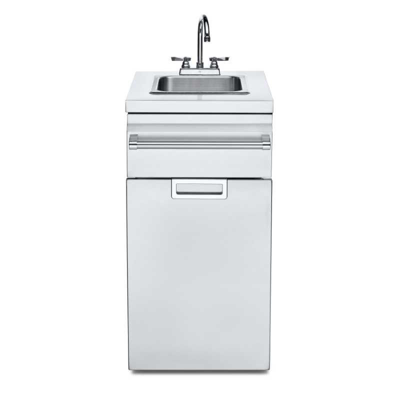 Crown Verity, Infinite Series, Sink Module with Garbage Bin Holder, door closed, front view, stainless steel