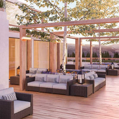 Dimplex DSH Series, adjustable, electric infrared heater, wall mounted to pergola on outdoor patio, outdoor entertaining