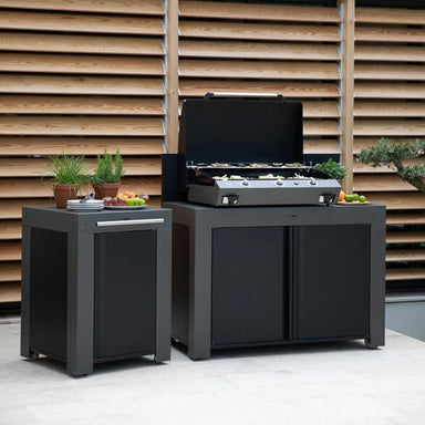 ENO Plancha Outdoor Kitchen Cart with Side Table in Galvanized Steel & Cargo Grey, Patio View, Outdoor Cooking, Lifestyle Image