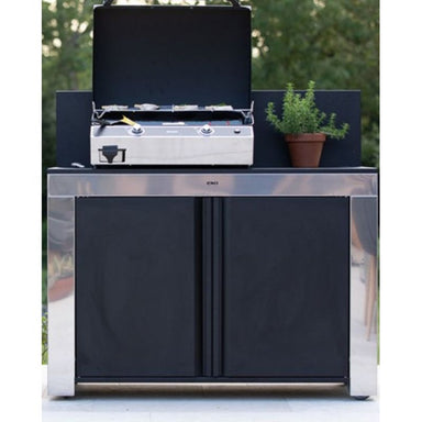 ENO Felix Cart, Table on Wheels, Stainless Steel with Black, Outdoor Kitchen, Cooking, Patio, Lifestyle Image, Front View