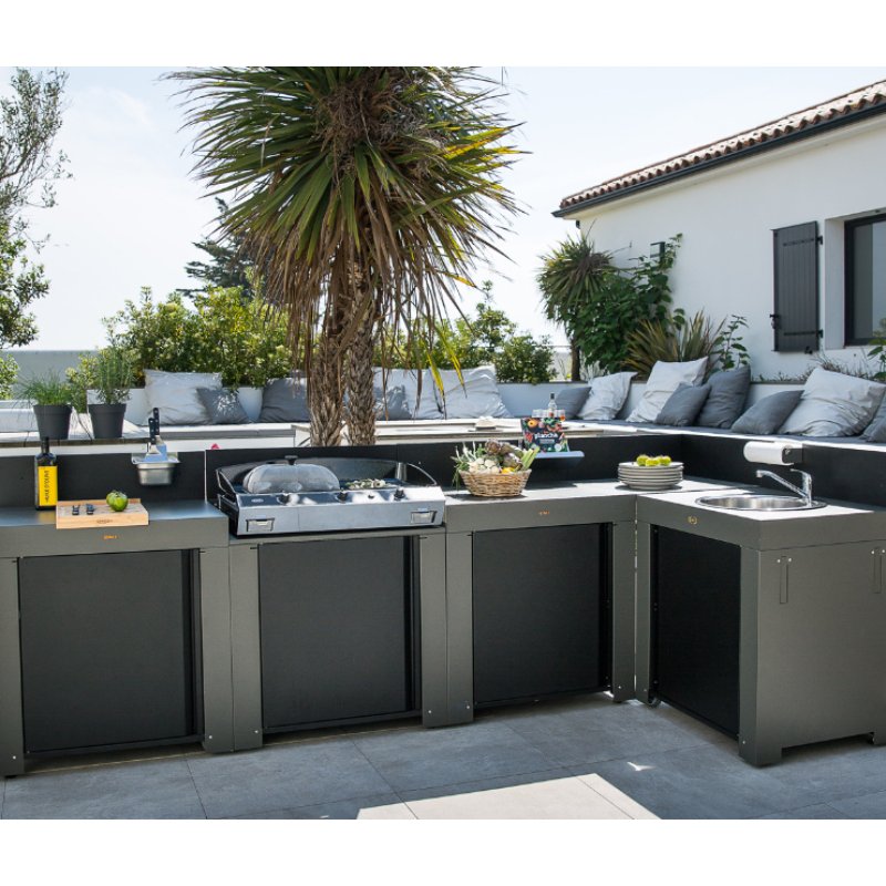 Eno Modulo Outdoor Kitchen, 5-piece kit, modular, outdoor entertaining, galvanized in cargo grey, front view