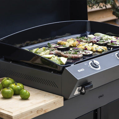 ENO Plancha Bergerac on Eno Felix Cart, in Galvanized Steel & Cargo Grey, cooking, lifestyle, front side view