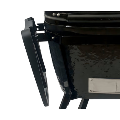 Primo oval large charcoal ceramic grill, folding side table view