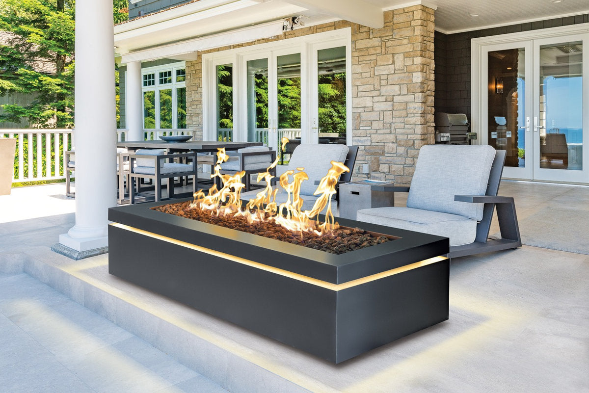 Halo 60 gas fire pit on a covered patio with modern outdoor seating.