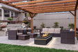 Halo 60 gas fire pit beneath timber pergola with cosy patio seating.