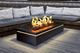 Halo 60 gas fire pit with LED accent lighting and cushioned outdoor seating.
