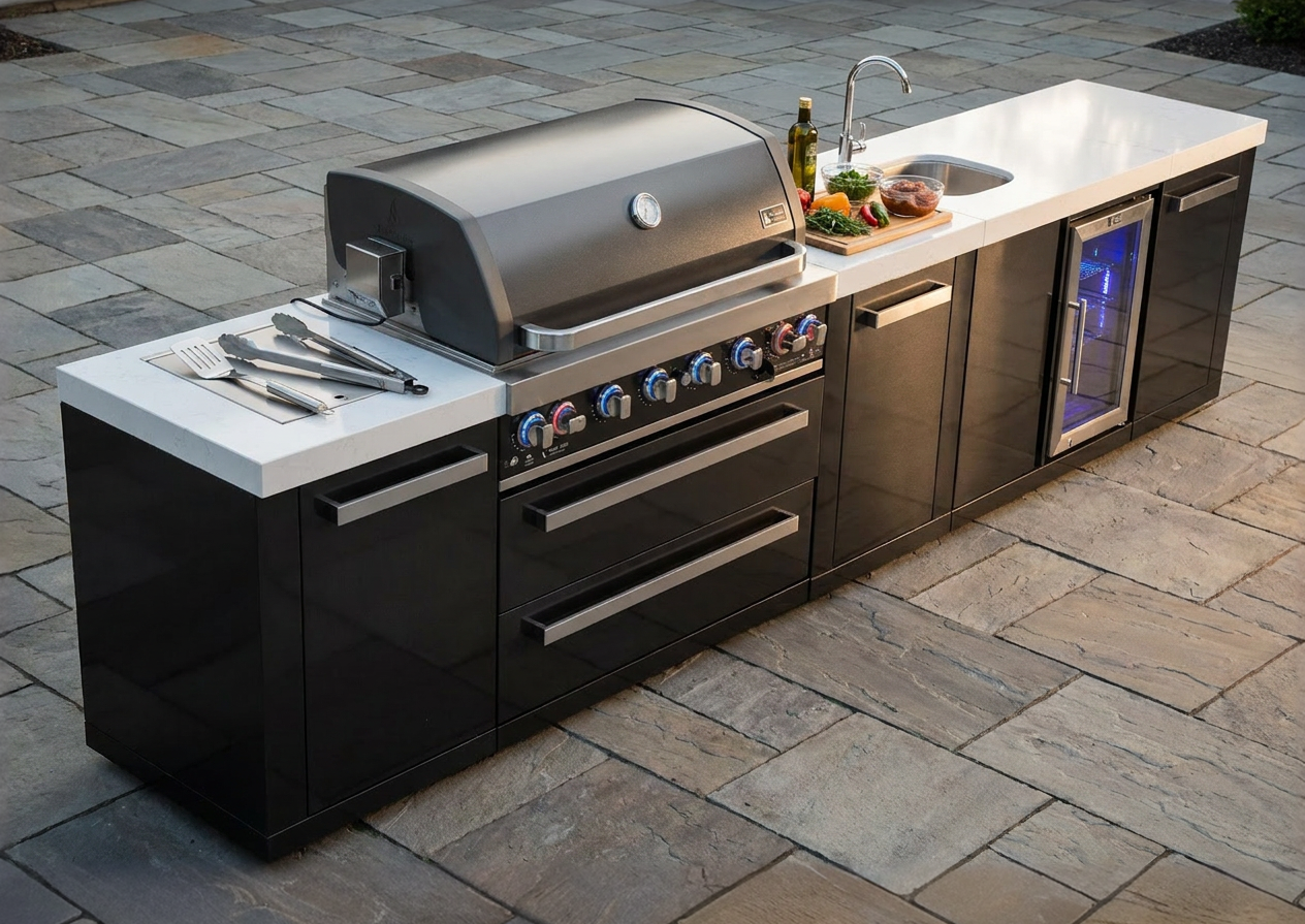 Outdoor kitchen island with grill and sink on a stone patio
