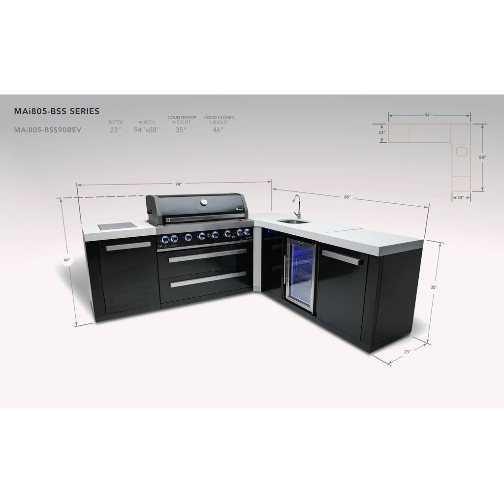 Mont Alpi 805 Black Stainless Steel Island with 90 Degree Corner and Beverage Center