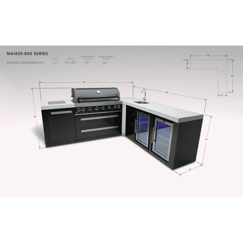 Mont Alpi 805 Black Stainless Steel Island with 90 Degree Corner Beverage Center and Fridge Cabinet