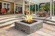 Halo 44 gas fire pit on covered patio with outdoor dining and lounge furniture.