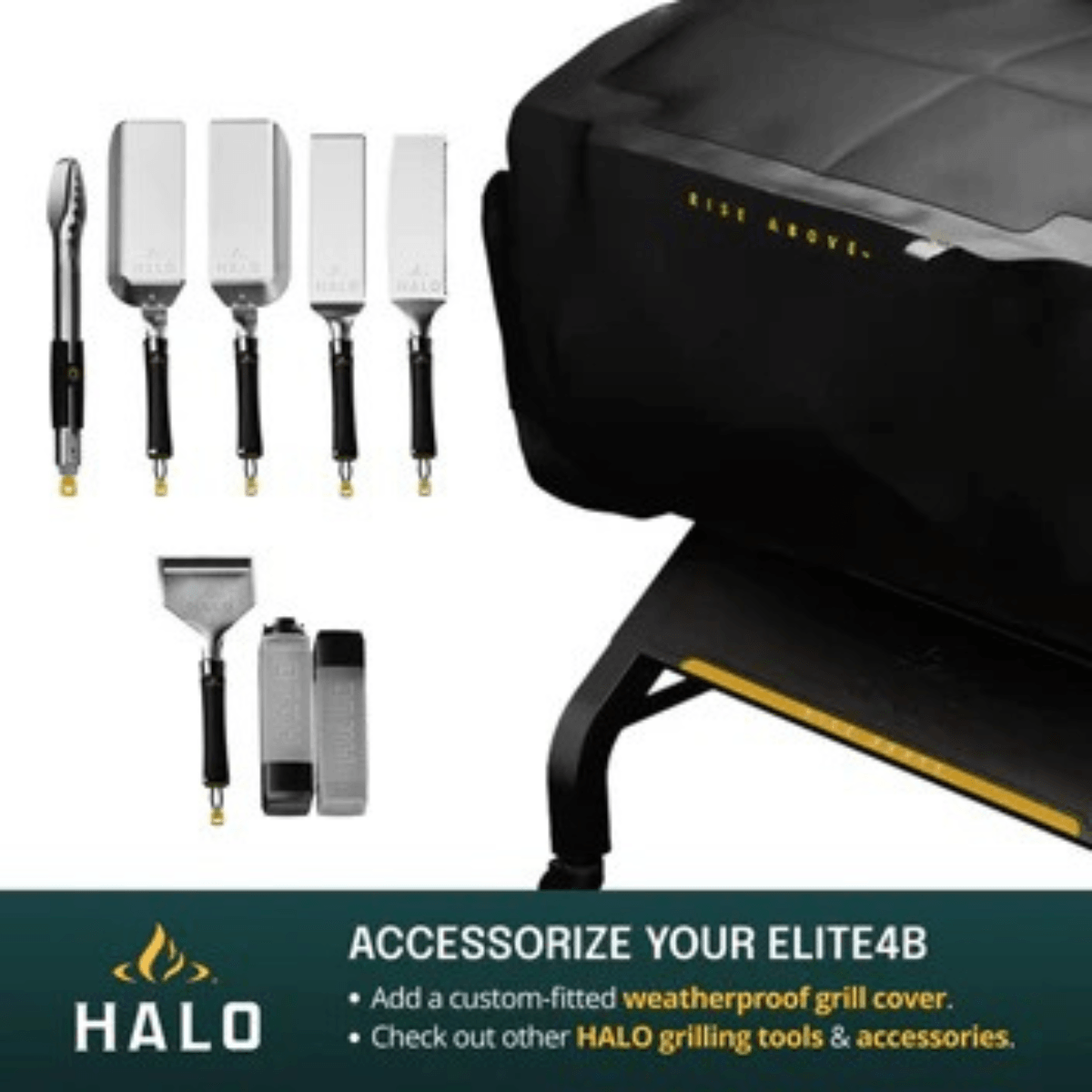 Halo Elite4B Griddle accessory set including grilling tools and weatherproof cover options.