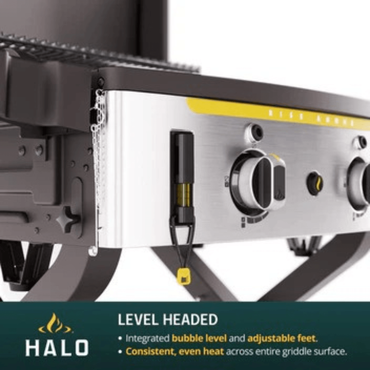 Halo Elite4B Griddle with integrated bubble level, adjustable feet and front control knobs.