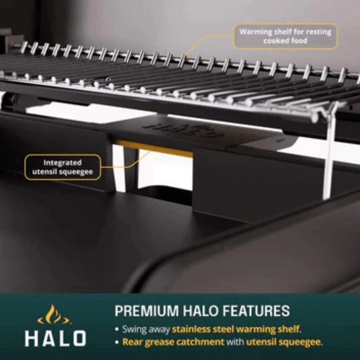 Halo Elite4B Griddle featuring a swing-away stainless steel warming shelf and integrated utensil squeegee.