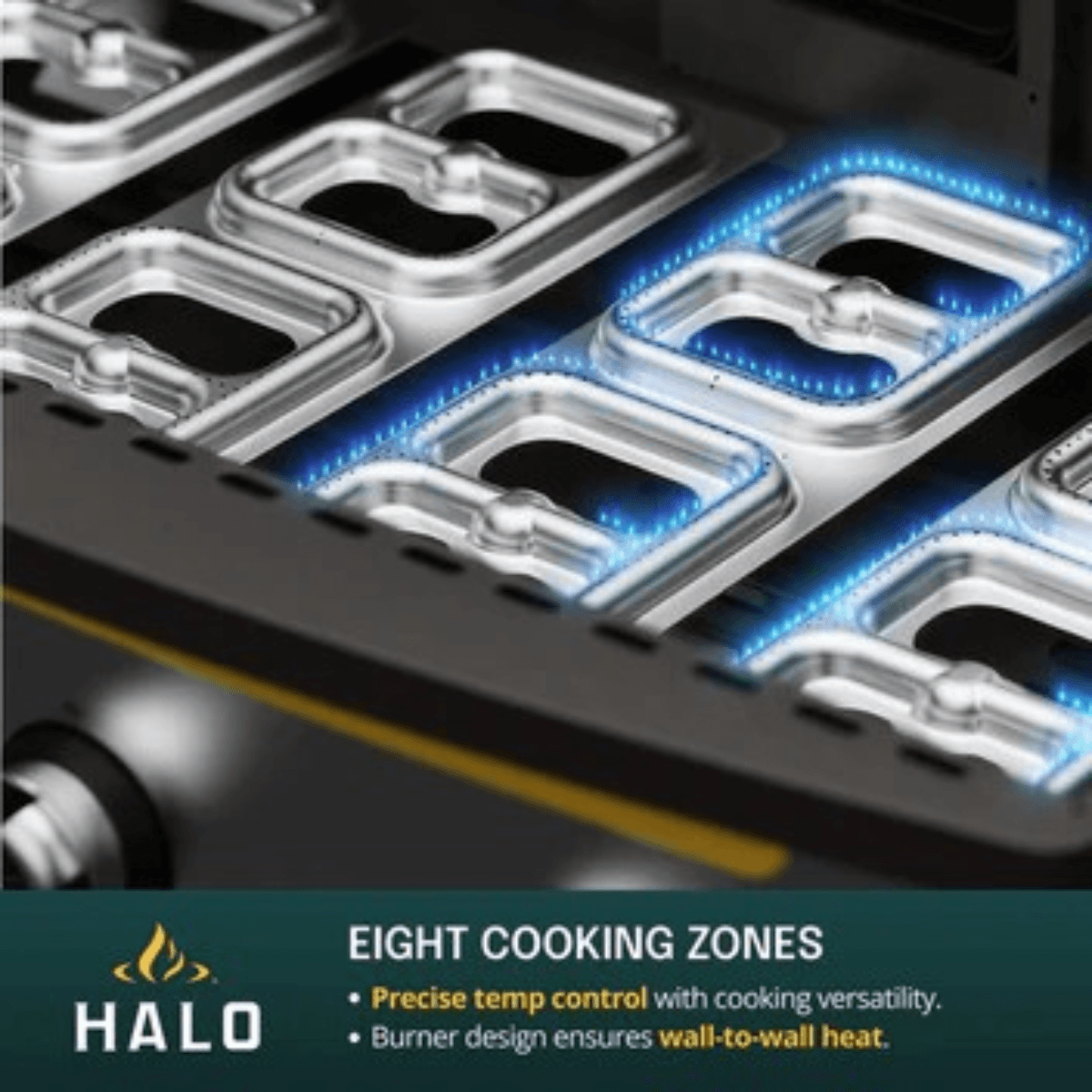 Halo Elite4B Griddle close-up showing eight independent cooking zones with wall-to-wall burner heat distribution.