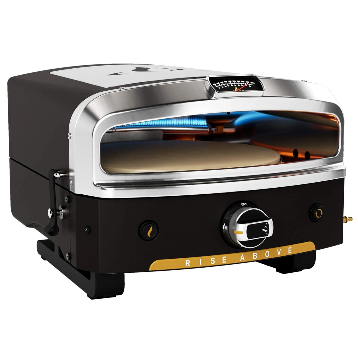 Halo Versa 16 Outdoor Pizza Oven with rotating pizza stone, stainless steel front and integrated temperature gauge.
