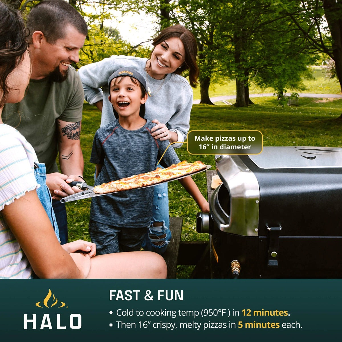 Halo Versa 16 Outdoor Pizza Oven cooking 16 inch pizzas with rapid heat-up and family outdoor use.