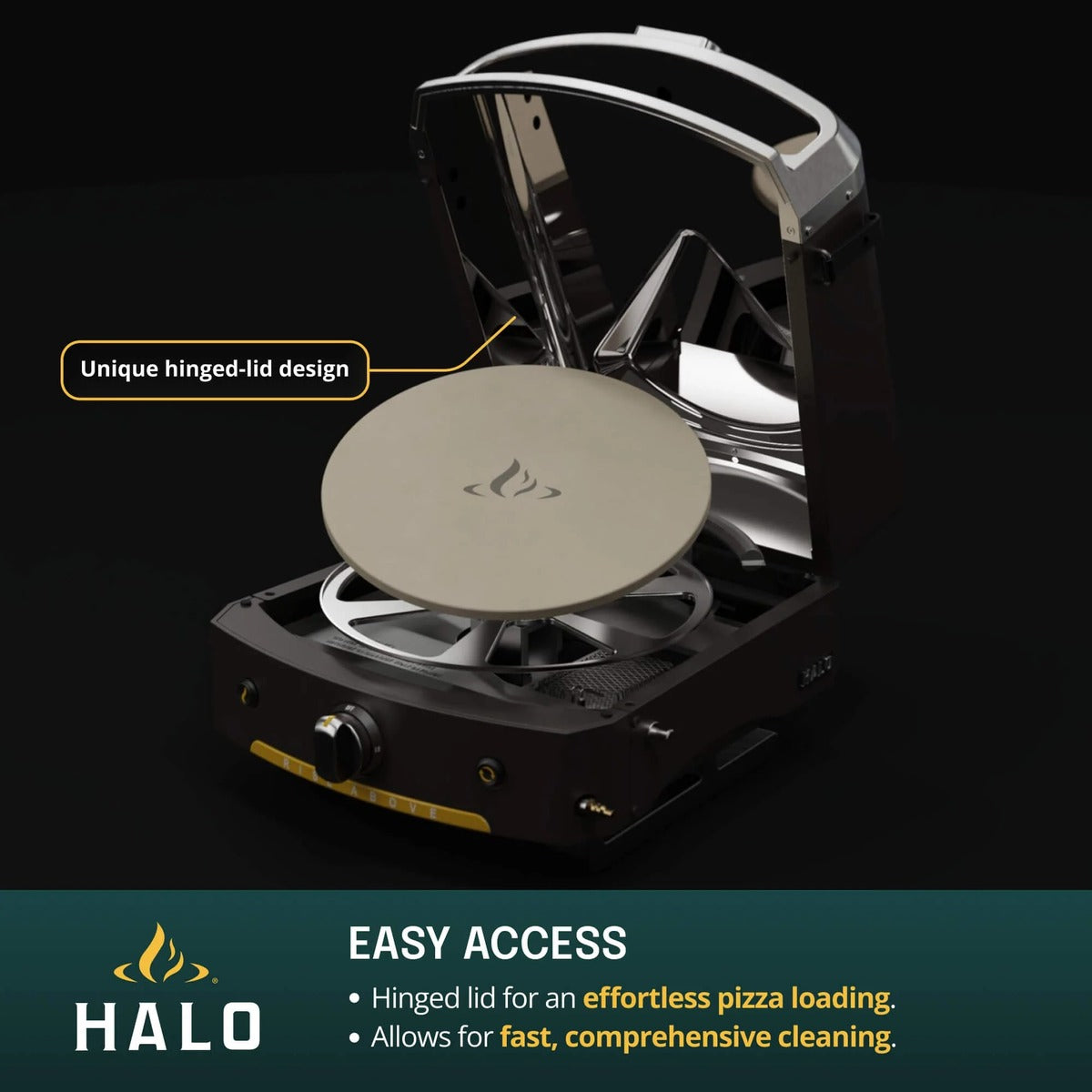 Halo Versa 16 Outdoor Pizza Oven featuring hinged lid design for easy pizza loading and cleaning access.