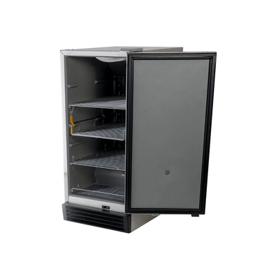 Outdoor refrigerator 15" with open door showing spacious interior and adjustable shelving.