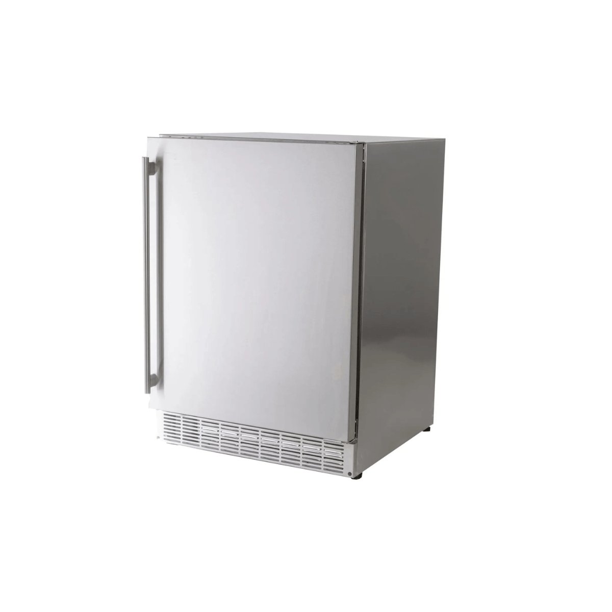 Stainless steel outdoor refrigerator 24" with sleek built-in design and modern handle finish.
