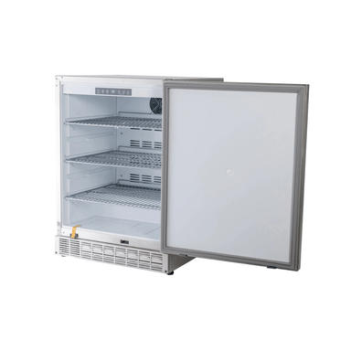 Outdoor refrigerator  24" with door open displaying spacious interior and adjustable wire shelving.