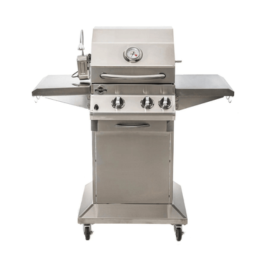 Front view of Jackson Grills 2-burner Lux Series gas grill with extended side shelves, stainless steel construction, and three burner control knobs.