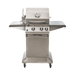Front view of Jackson Grills 2-burner Lux Series gas grill with extended side shelves, stainless steel construction, and three burner control knobs.
