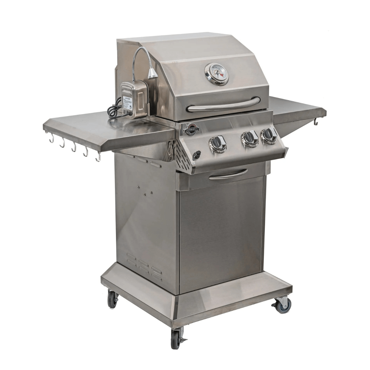 Angled front view of Jackson Grills 2-burner Lux Series gas grill featuring side shelves with utensil hooks and portable cart base.