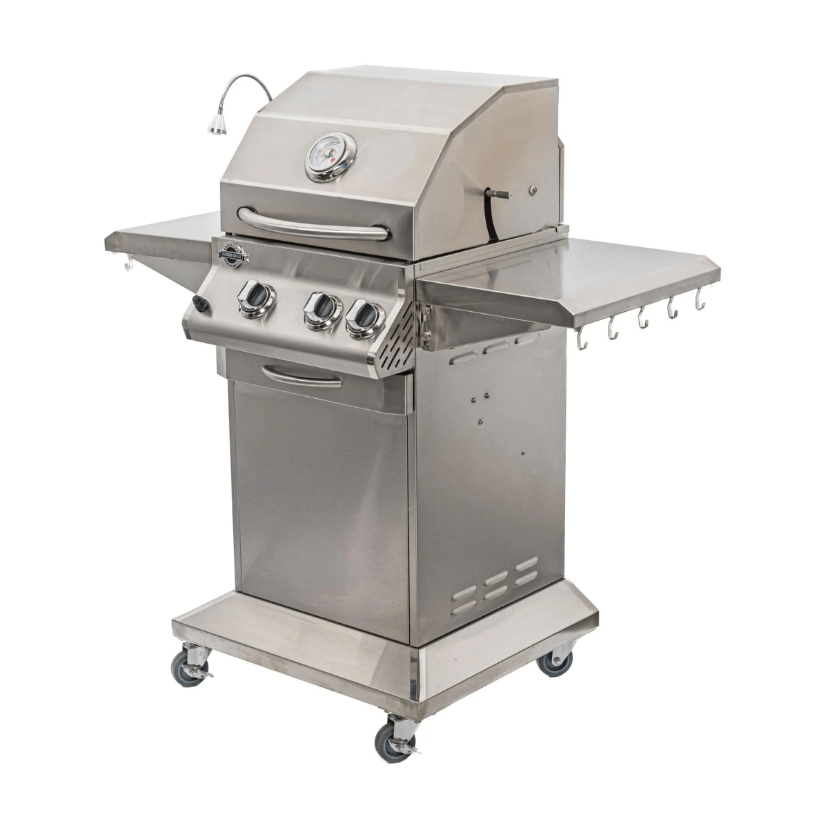 Rear view of Jackson Grills 2-burner Lux Series gas grill with open lower compartment, gas hose storage, and fold-out shelves.