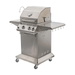 Rear view of Jackson Grills 2-burner Lux Series gas grill with open lower compartment, gas hose storage, and fold-out shelves.
