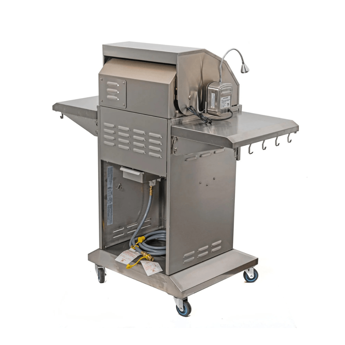 Rear view of Jackson Grills 2-burner Lux Series gas grill with open lower compartment, gas hose storage, and fold-out shelves.