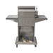 Open-lid view of Jackson Grills 2-burner Lux Series gas grill showing stainless steel cooking grates and built-in rotisserie system.