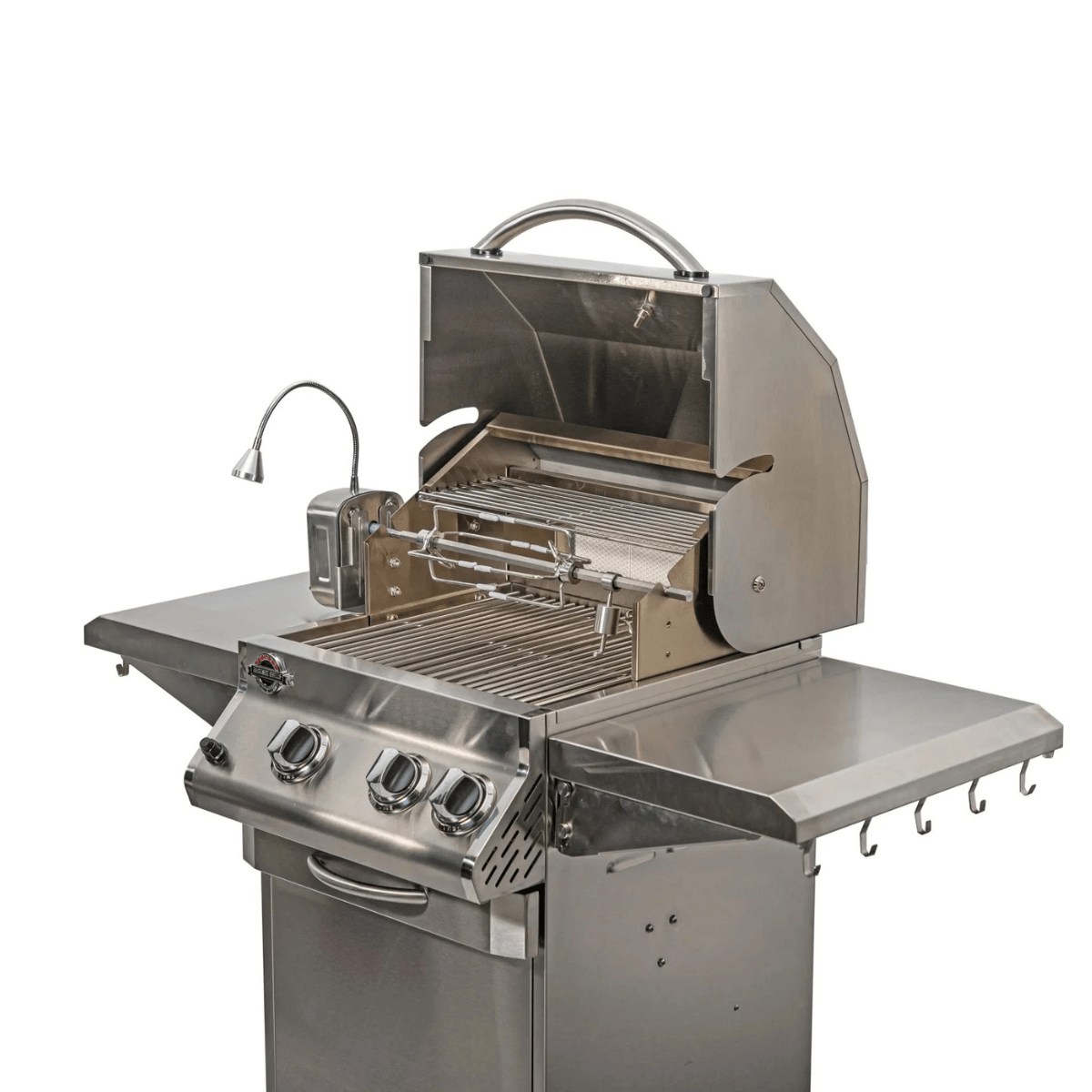 Side view of Jackson Grills 2-burner Lux Series gas grill with mounted grill light, stainless steel housing, and extended preparation shelf.