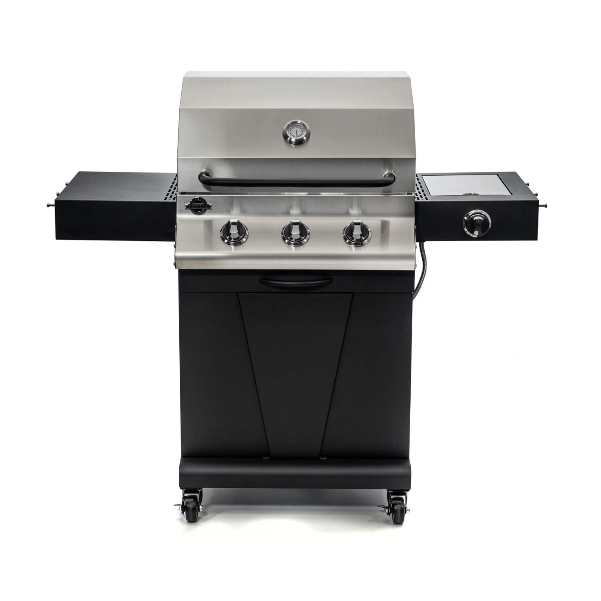 Front view of Jackson Grills 3-burner Keystone Series gas grill with three control knobs, side shelves, and enclosed storage cabinet.