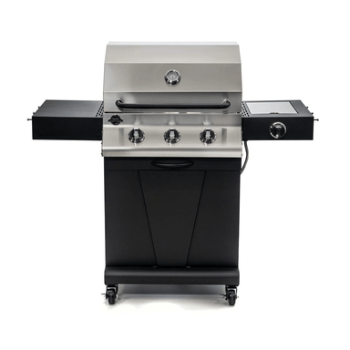 Front view of Jackson Grills 3-burner Keystone Series gas grill with three control knobs, side shelves, and enclosed storage cabinet.