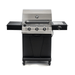 Front view of Jackson Grills 3-burner Keystone Series gas grill with three control knobs, side shelves, and enclosed storage cabinet.