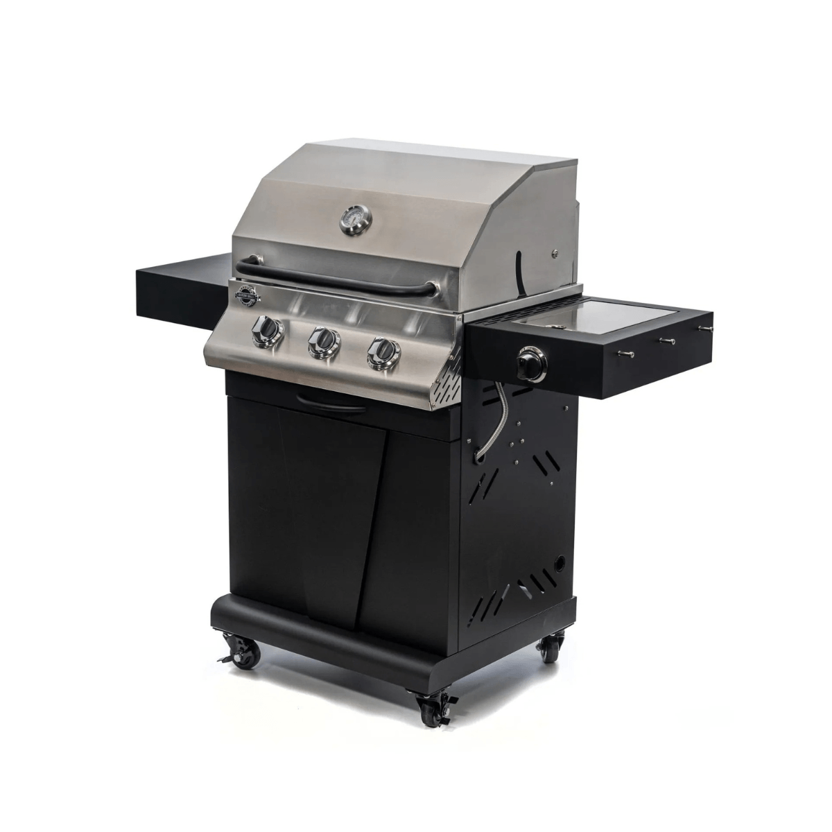 Front angled view of Jackson Grills 3-burner Keystone Series gas grill with side burner, stainless steel hood, and wheeled cart.