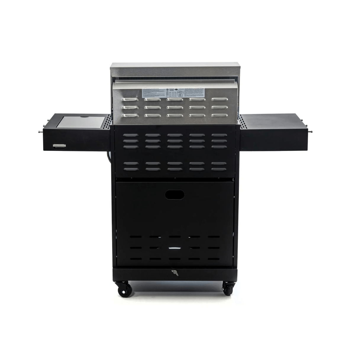 Rear view of Jackson Grills 3-burner Keystone Series gas grill featuring fold-out side shelves and vented cabinet panels.