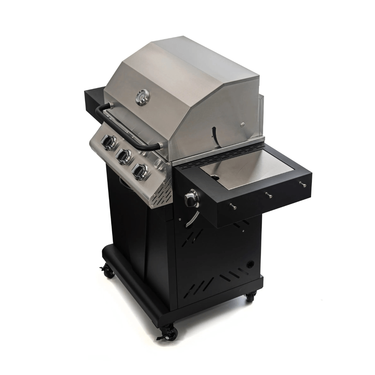 Rear side angled view of Jackson Grills 3-burner Keystone Series gas grill with closed side burner lid and enclosed storage cabinet.