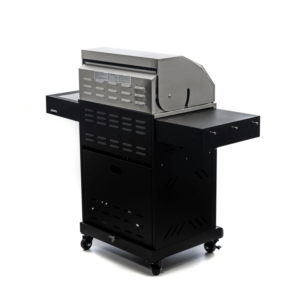 Rear angled view of Jackson Grills 3-burner Keystone Series gas grill with side shelves, enclosed cabinet, and wheeled base.