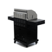 Rear angled view of Jackson Grills 3-burner Keystone Series gas grill with side shelves, enclosed cabinet, and wheeled base.