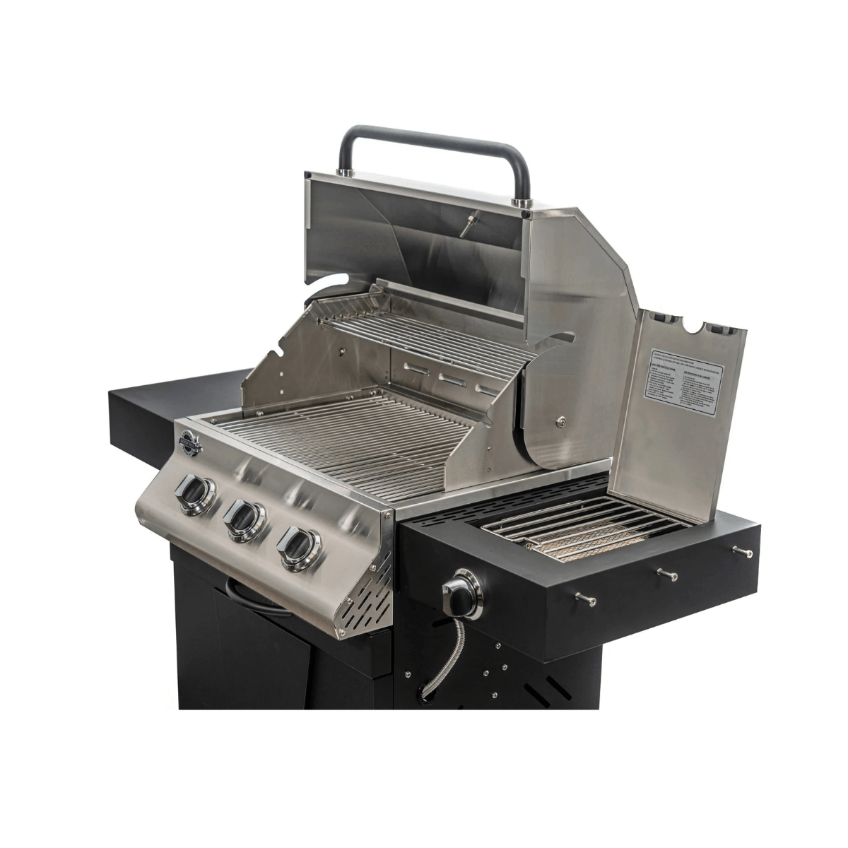 Open-lid view of Jackson Grills 3-burner Keystone Series gas grill showing cooking grates, warming rack, and side burner compartment.