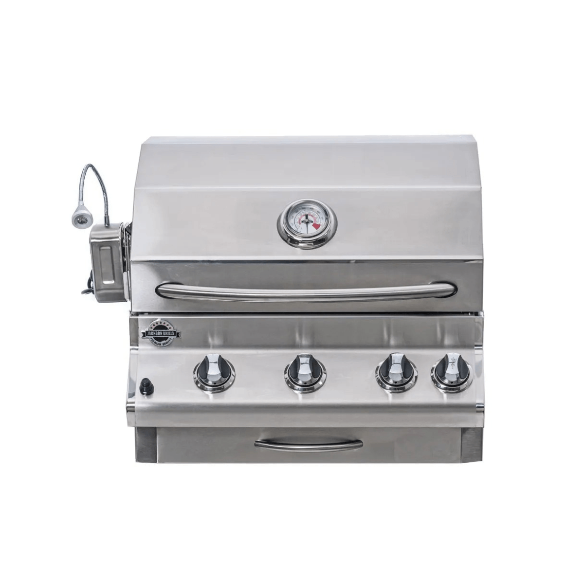 Front view of Jackson Grills 3-burner Lux Series gas grill with stainless steel hood, temperature gauge, and four control knobs.