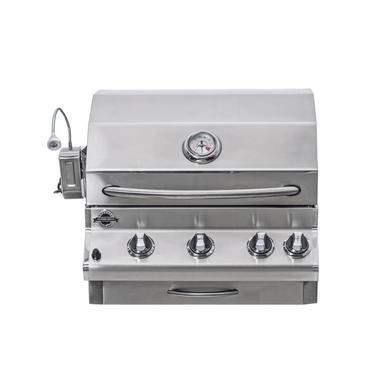 Front view of Jackson Grills 3-burner Lux Series gas grill with stainless steel hood, temperature gauge, and four control knobs.