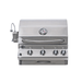 Front view of Jackson Grills 3-burner Lux Series gas grill with stainless steel hood, temperature gauge, and four control knobs.