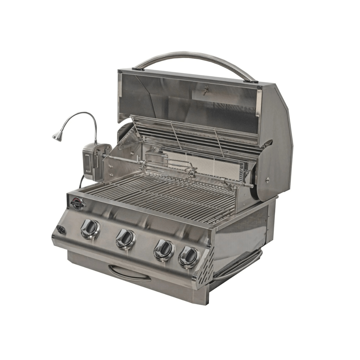 Open-lid view of Jackson Grills 3-burner Lux Series gas grill showing cooking grates and built-in rotisserie system.