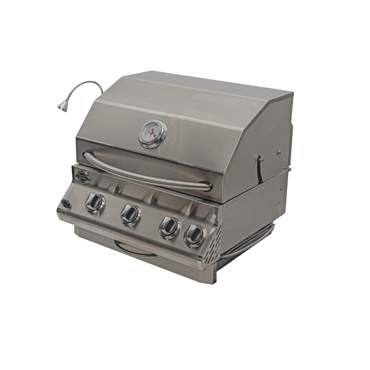Front side view of Jackson Grills 3-burner Lux Series gas grill featuring stainless steel construction and integrated control panel.
