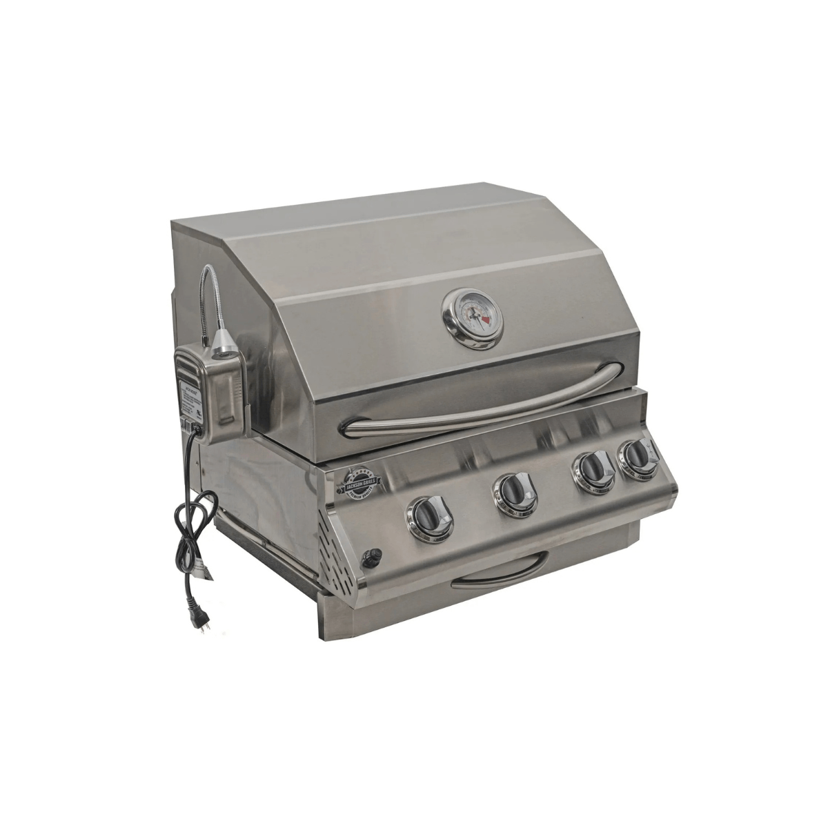 Front angled view of Jackson Grills 3-burner Lux Series gas grill with four control knobs, temperature gauge, and mounted grill light.